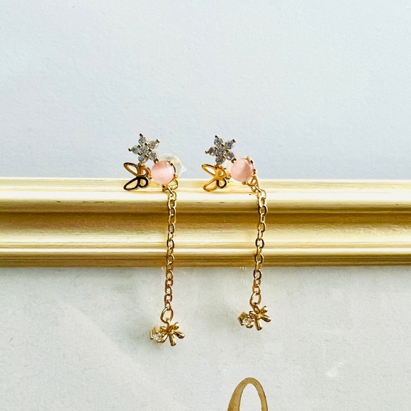 Jewelry - Pink Crystal Ball Floral Garden Butterfly Gold Pierced Drop Chain Earrings 2pc